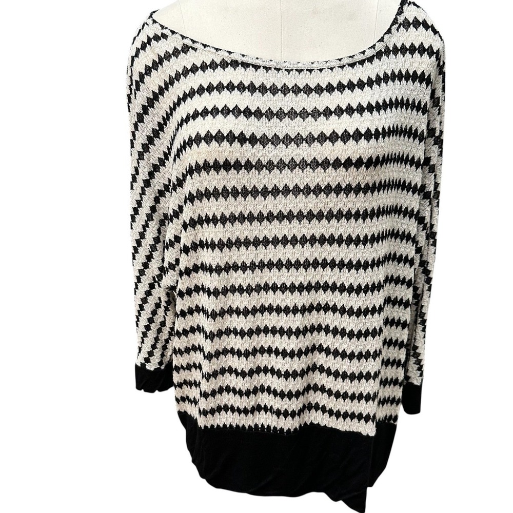 ALYX Woman Knit Top Womens 2X‎ Ivory Black Diamond Geometric 3/4 Sleeve Tunic